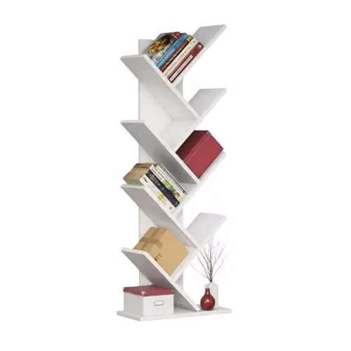 Bimossa Wooden Tree Bookcase in White, Compact Freestanding Corner Bookshelf for Living Rooms and Childrens Bedrooms, H 128.5 x W 46.0 x D 22.0 cm