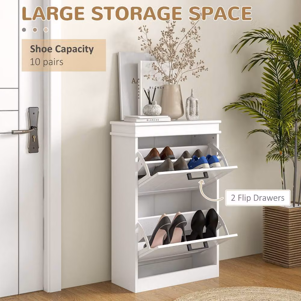 ERGOVEXA Minimalist Freestanding 2-Drawer Shoe Cabinet in White with Tilting Compartments – 5