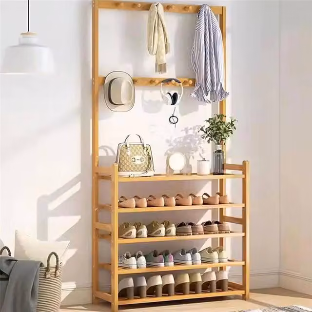 FORGEVIO 5-Tier Vintage Hall Tree with Bench, Hat, Coat and Shoe Rack in Brown