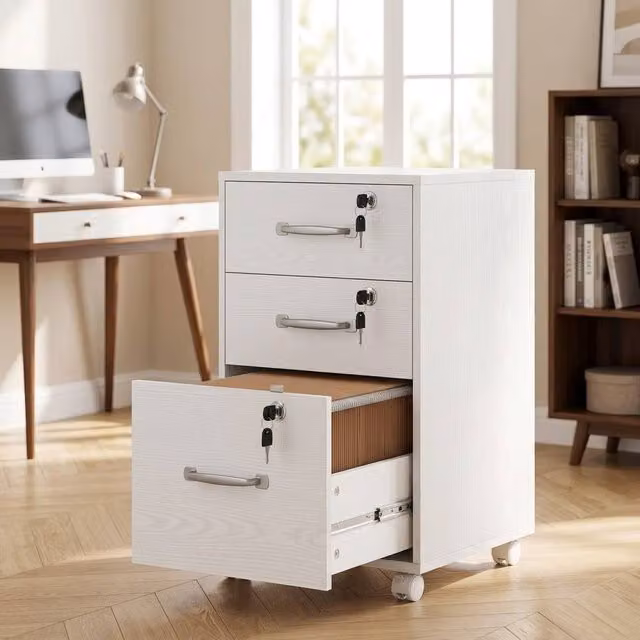 STILVORA Three Drawer Metal Filing Cabinet with Locks and Wheels in White