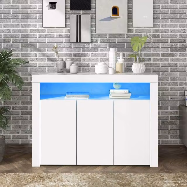 Merax White High Gloss 3-Door Sideboard Cabinet with Bluetooth LED Lights and Media Compartments