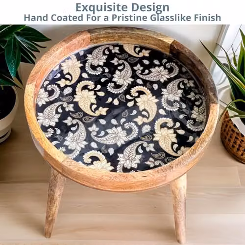 Hartsmede Mango Wood Round Side Table with Paisley Design in Beige, W/D/H: 45.72 x 36 x 47 cm – 7