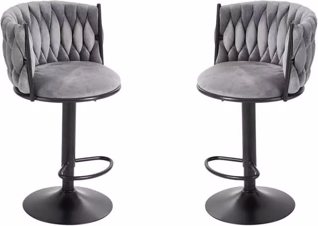 KORVIXA Grey Velvet Height Adjustable Bar Stools, Set of 2