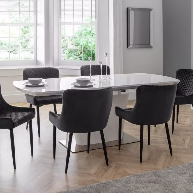 Julian Bowen Como White High Gloss Extendable Dining Table and 6 Grey Luxe Chairs Set