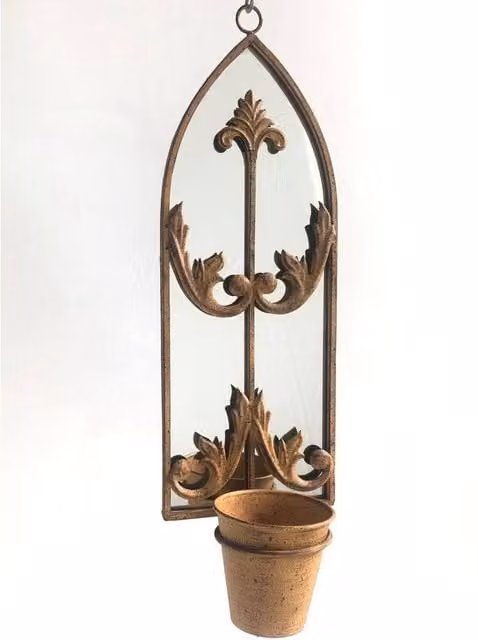 Minster Metal Wall Mirror with Single Planter in Rusty Brown, H60 x W20 x D15 cm – 1