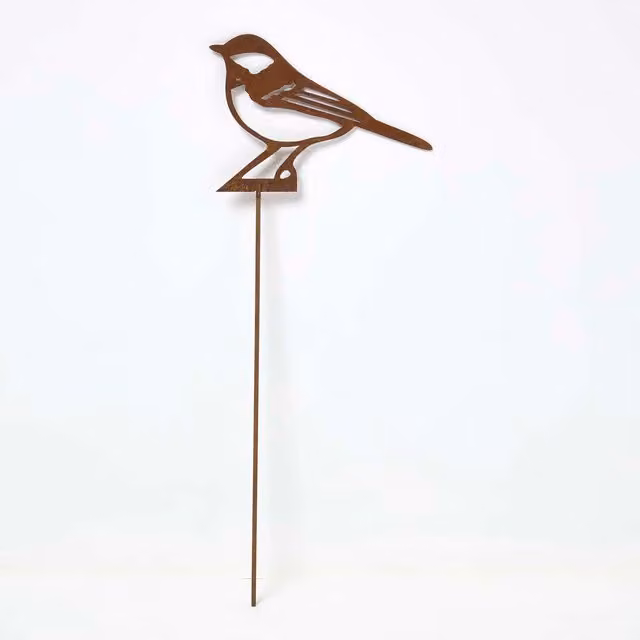 Homescapes Set of 2 Rustic Steel Great Tit Garden Stake Decorations, Brown