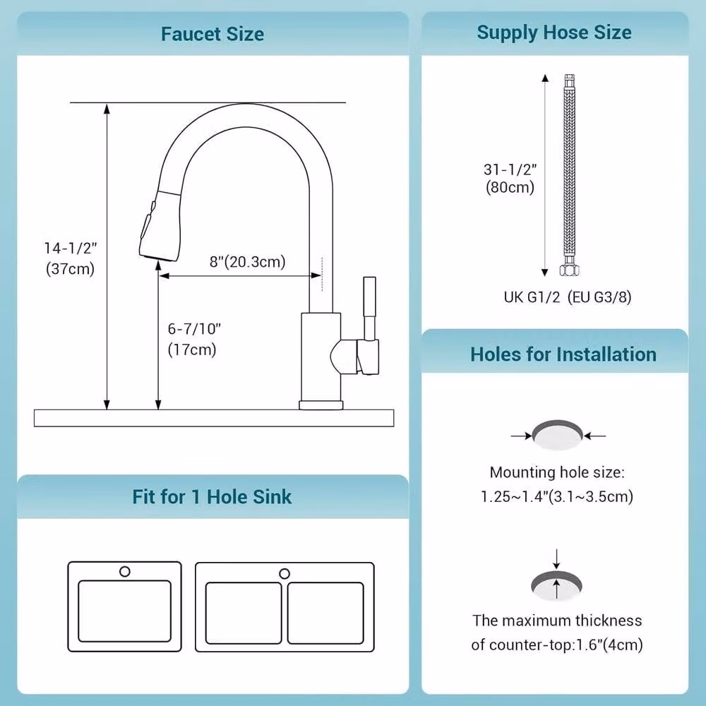 JANLEMNY Brushed Steel Kitchen Mixer Tap with 3-Function Pull-Out Spray in Silver – 2