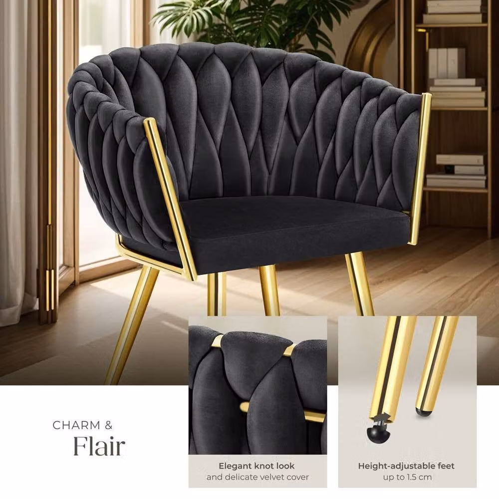 tectake Astano Dining Chair Set of 6, Black Velvet with Metal Frame – 4