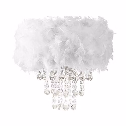 Happy Homewares Contemporary White Feather Chandelier Pendant Light Shade with Transparent Acrylic Droplets, Diameter: 32 cm