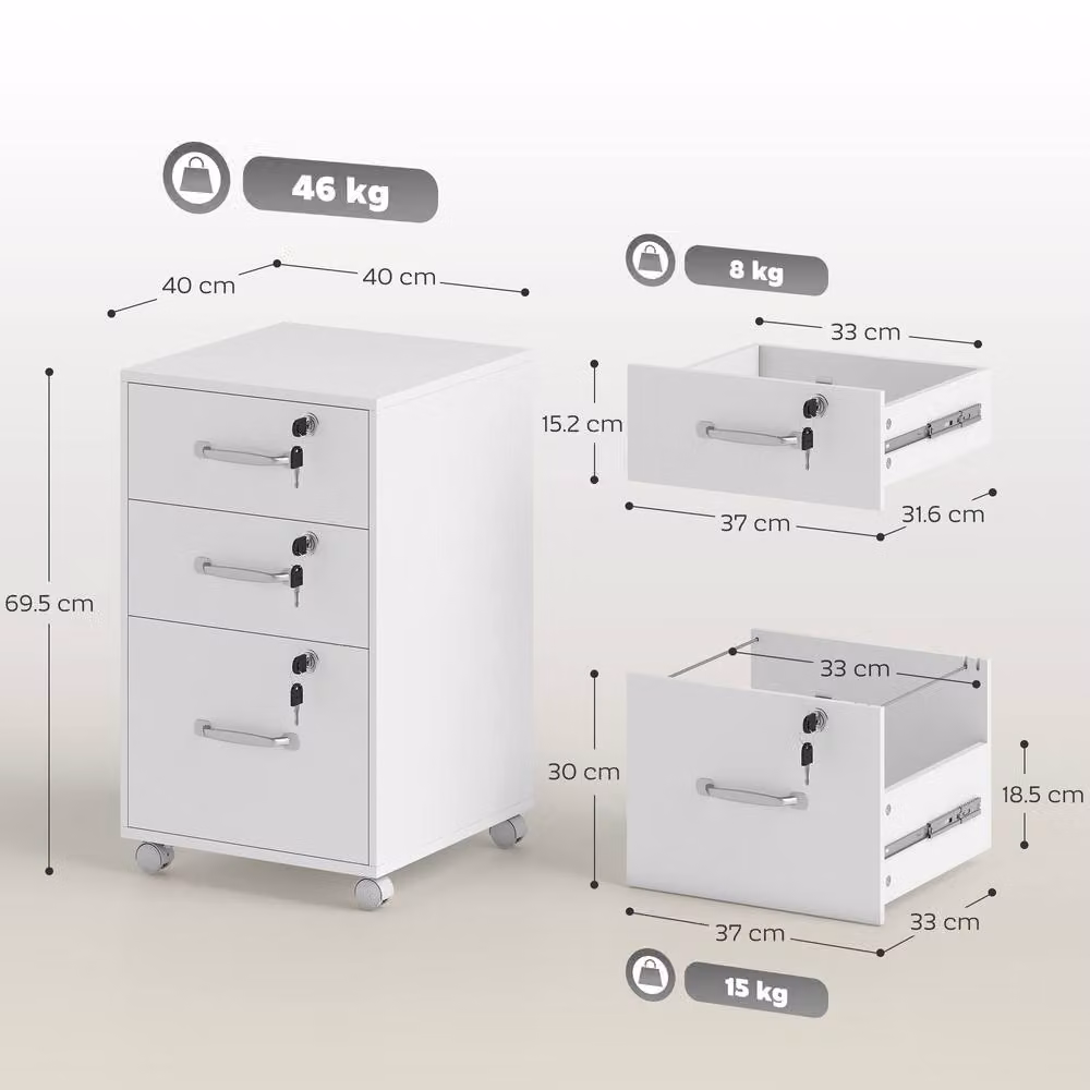 STILVORA Three Drawer Metal Filing Cabinet with Locks and Wheels in White – 4