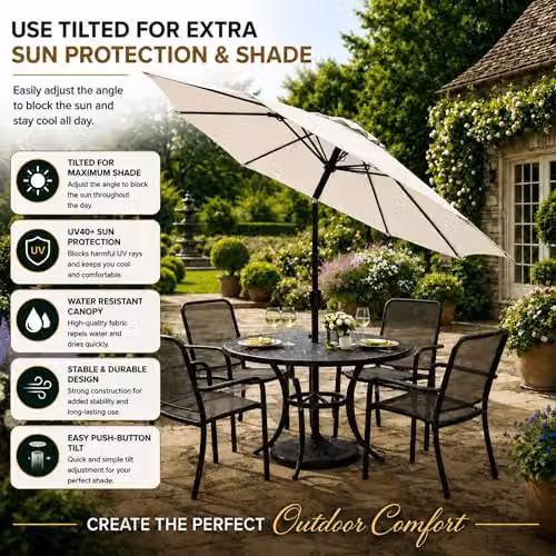 GlamHaus Tilting Garden Parasol with Solar LED Lights and Protective Cover, Beige – 5