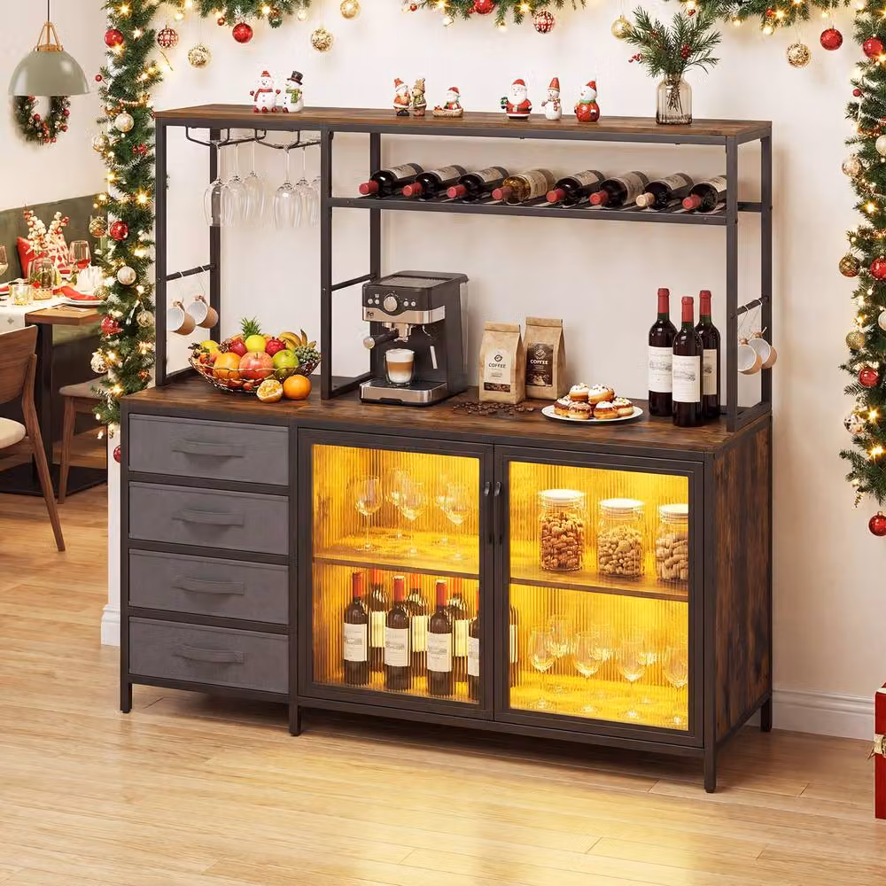 Costway Brown Modern Coffee Bar Cabinet with Charging Station, LED Light, Glass Doors and Bottle Rack – 3