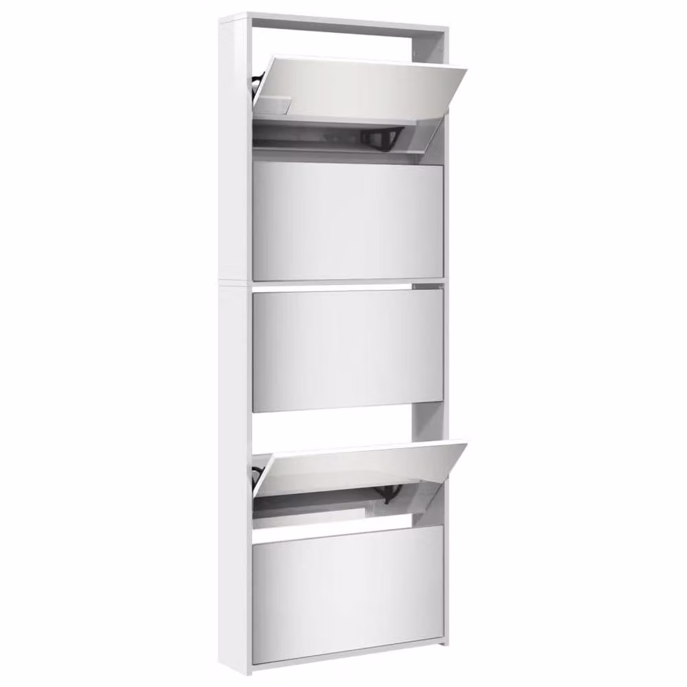 Berkfield Home Modern High Gloss White Shoe Cabinet with Mirror and Tilting Compartments, W: 63 cm, D: 17 cm, H: 169.5 cm – 2