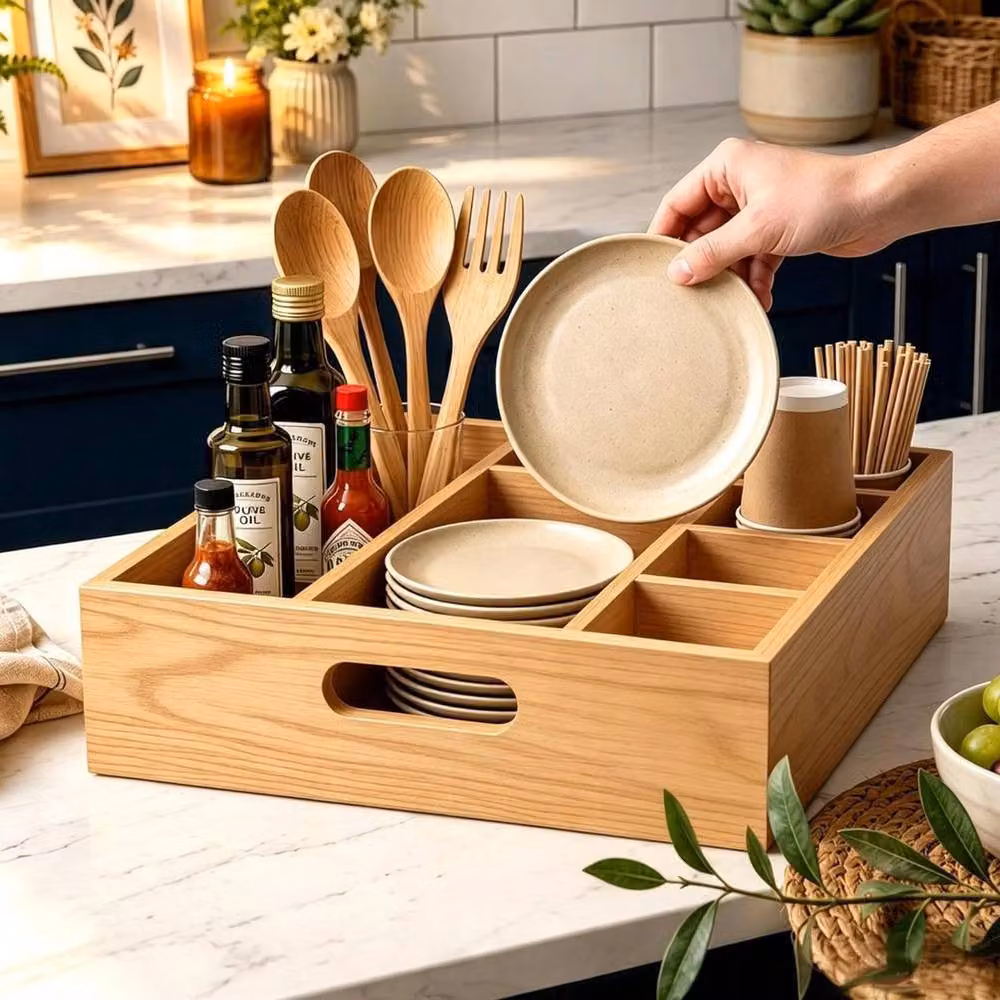 KORVIXA Rustic Wood 6-Compartment Utensil Holder with Handle in Brown – 3
