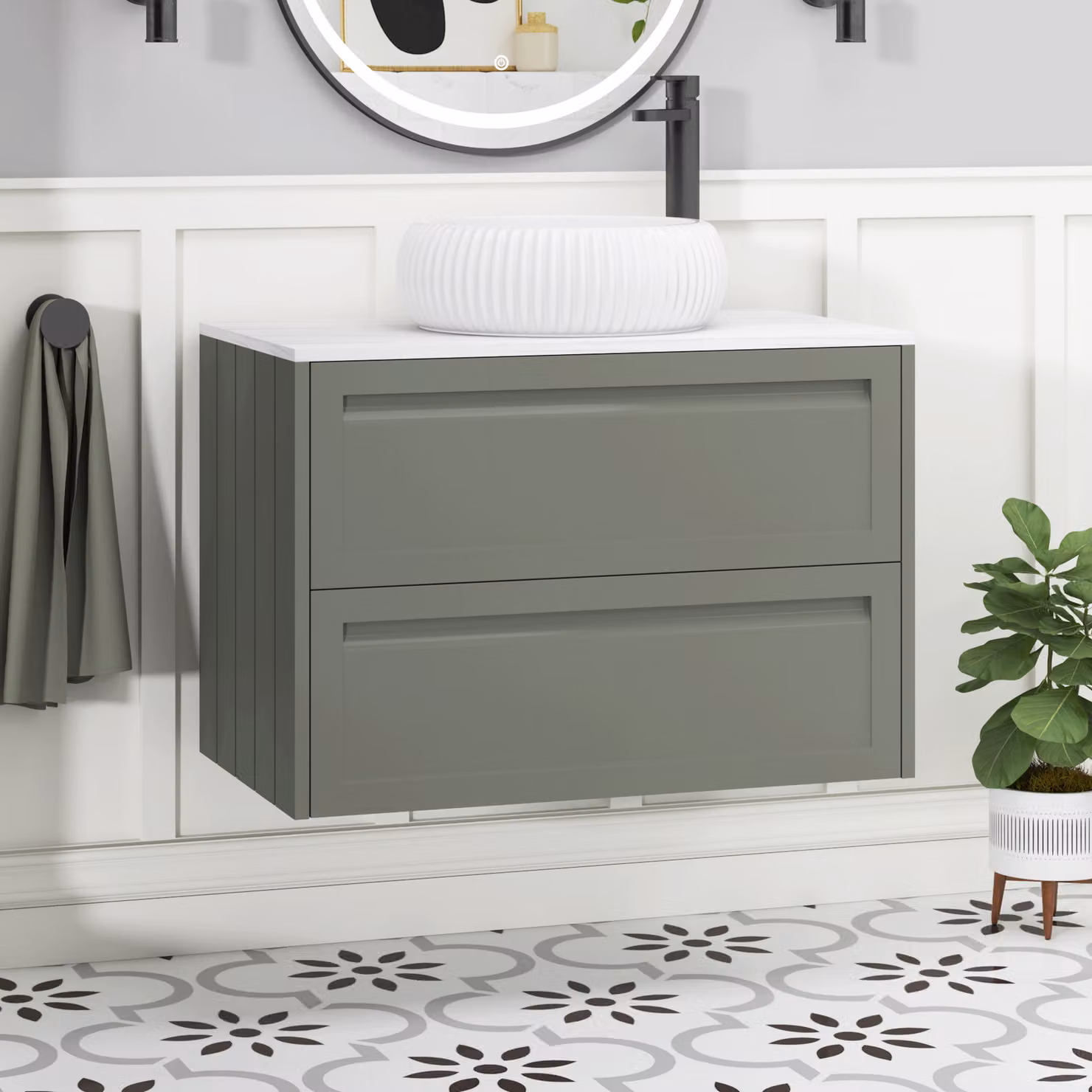 Royal Bathrooms Elmore Wall Hung Vanity Unit with Milan Basin, Matt Green and White, Width: 80 cm