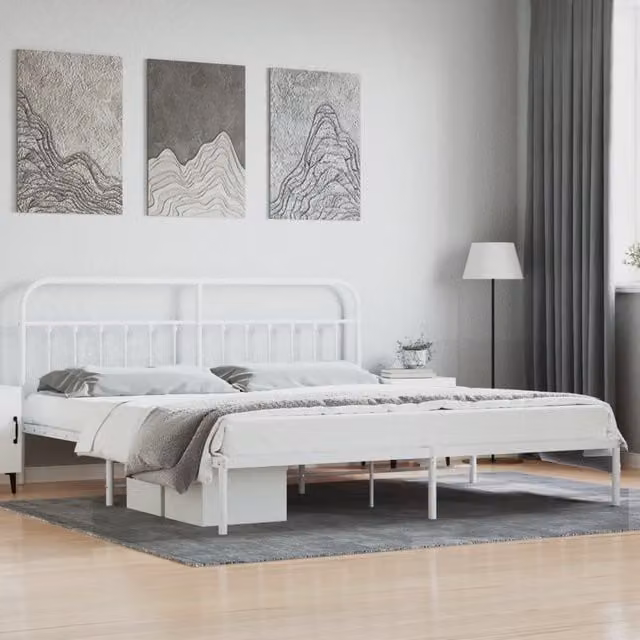 Berkfield Home Metal Bed Frame with Headboard, White, W/D/H: 193 x 203 cm