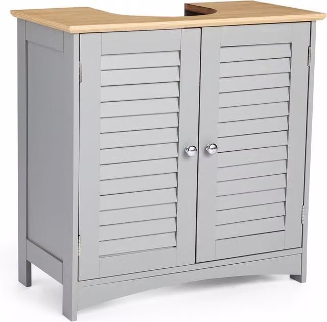 VonHaus Shrewsbury Grey 2 Door Under Sink Bathroom Cabinet with Wood Effect Top and Internal Shelves – 1