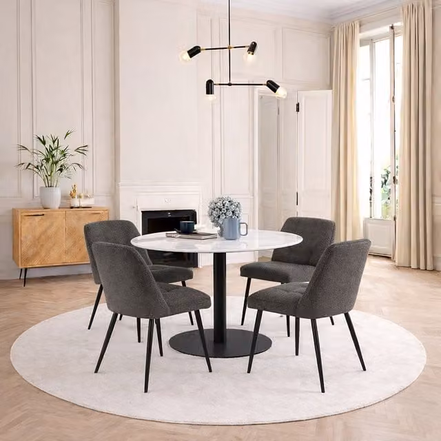 Furniture To Go Corby Round White Marble Dining Table with Black Base and 4 Brooke Taupe Chairs
