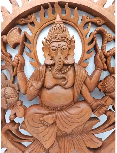 KDMK Ganesh Hand-Carved Wooden Wall Plaque, Brown, 40 cm
