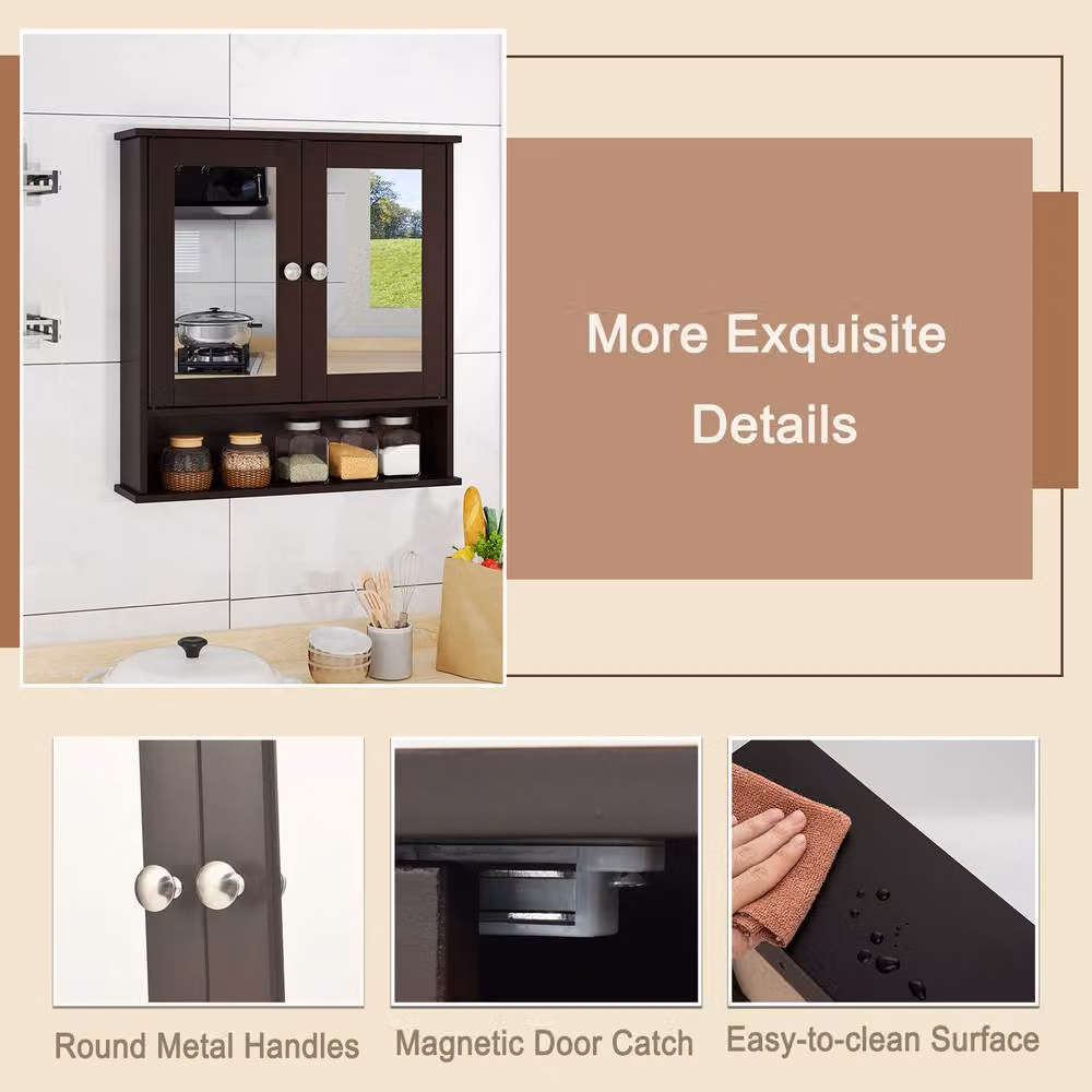 Costway Wall Mounted Brown Wooden Bathroom Medicine Cabinet with Mirror and Two Hinged Doors – 6