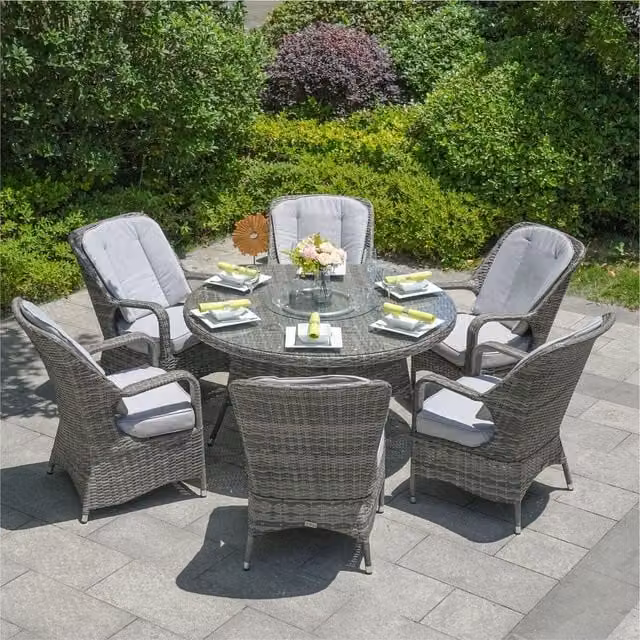 Abrihome 6-Seater Modern Round Dining Table Set with Rotating Glass Top and Powder Coated Aluminium Frame in Grey