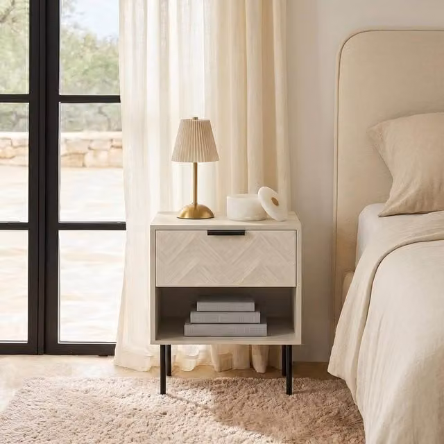 OHS Chevron 1 Drawer Bedside Table and Nightstand Storage Unit in Light Stone Beige