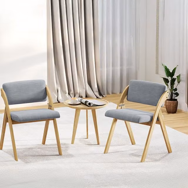COSTWAY Set of 2 Grey Mid-Century Folding Dining and Kitchen Chairs with Rubberwood and Fabric