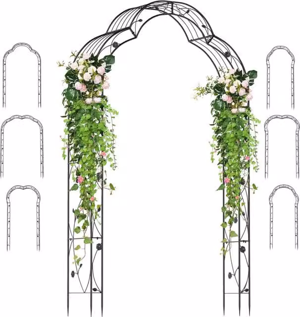 COSTWAY Black Metal Garden Arch Trellis Arbour with Wall Support, H: 248 cm, W: 39 cm, D: 39 cm