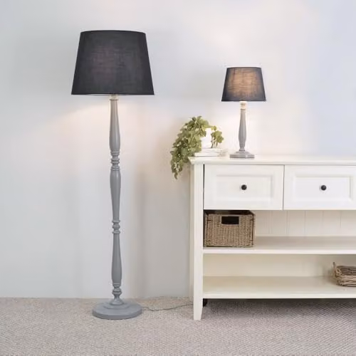 ValueLights Victoria Traditional Grey Wood Floor Lamp with Black Fabric Tapered Shade and LED Bulb – 2