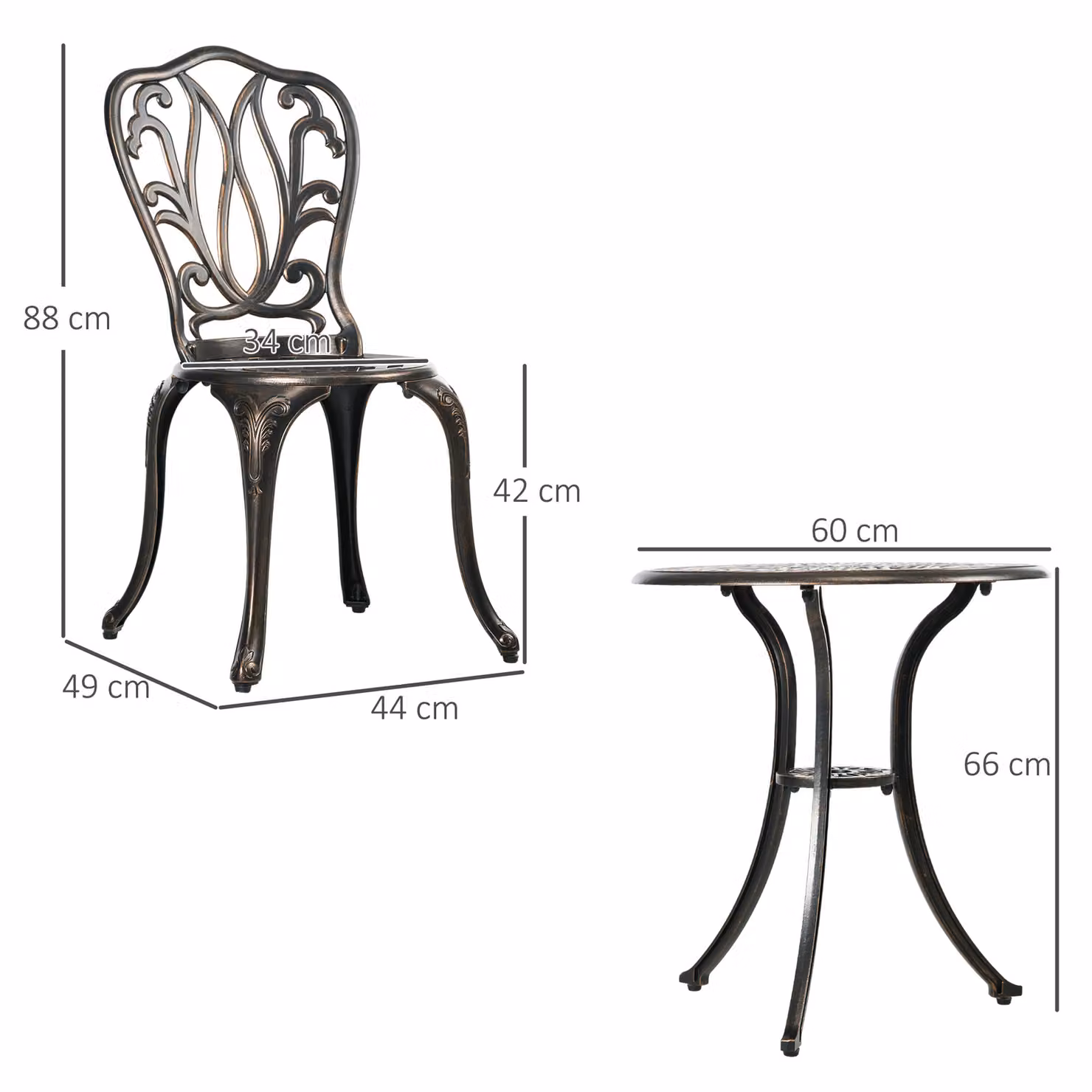 Outsunny 3 Piece Garden Bistro Set in Bronze Tone, featuring a Round Powder Coated Aluminium Table and 2 Chairs for your Patio or Terrace – 3
