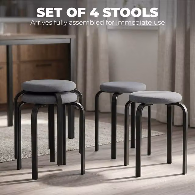 EONLION Set of 4 Modern Cylindrical Round Stools in Dark Grey Fabric with Metal Frame