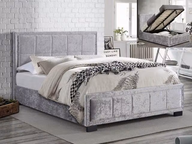 Birlea Hannover Small Double Ottoman Bed Frame in Grey Crushed Velvet Glitz Fabric with Lift Up Base