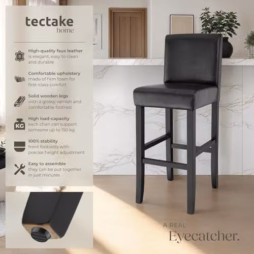 tectake Set of 2 Dover Bar Stools in Black with Synthetic Leather and Glossy Wood Legs – 3