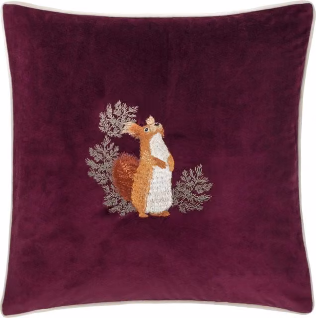 Make it a Home Pineberry Forest Embroidered Velvet Cushion in Plum with Feather and Polyester Filling