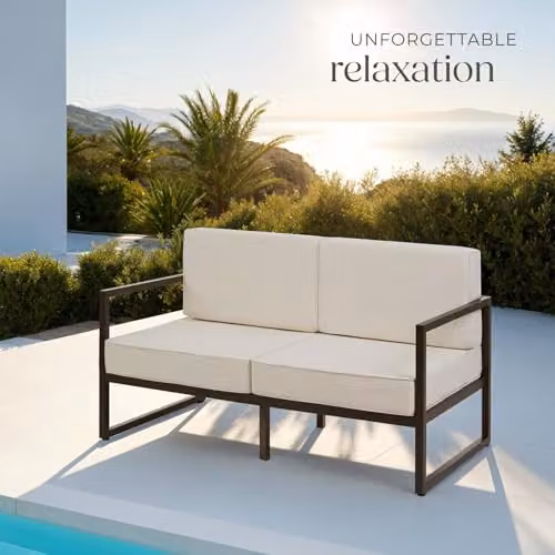 tectake 2 Seater Garden Sofa in Beige with Powder Coated Steel Frame and Upholstered Foam Cushions – 7