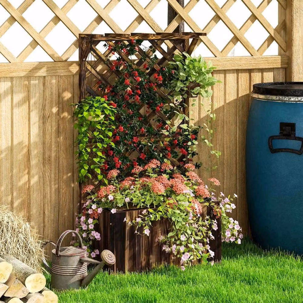 Hinsinc Wooden Raised Planter Box with Trellis and Drainage Holes, Brown, W/D/H: 122 x 33 x 64 cm – 5