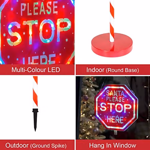 The Christmas Workshop Santa Please Stop Here Sign with 45 Multicoloured Lights, Red and White, 1m – 3