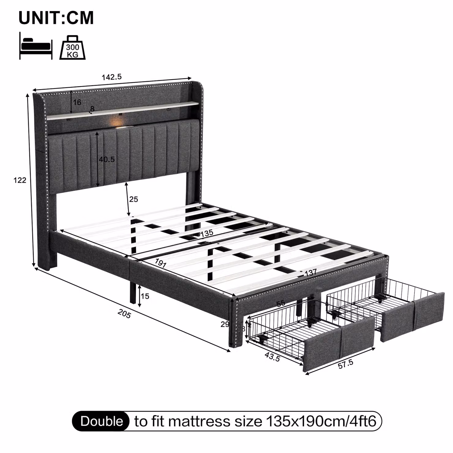 AKA Double Upholstered Bed in Grey with 2 Storage Drawers, Bedside Shelf and USB Charging Port, W/D/H: 140 x 200 cm – 7