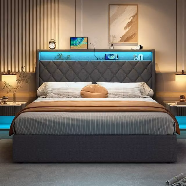 Merax Grey Linen Ottoman Bed with LED Storage Headboard, USB Charging Port and Bedside Shelf, W/D/H: 180 x 200 cm – 1