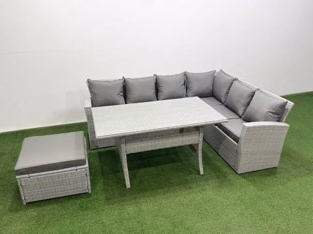 Fimous 7 Seater Rattan Garden Furniture Set with Corner Sofa and Dining Table in Light Grey