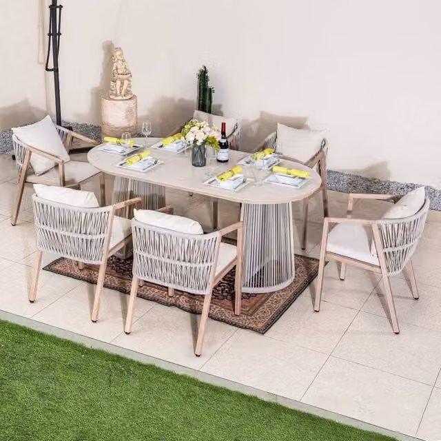Direct Wicker Beige Woven Rattan and Metal Oval Dining Table Set with Six Chairs for Garden and Patio – 1