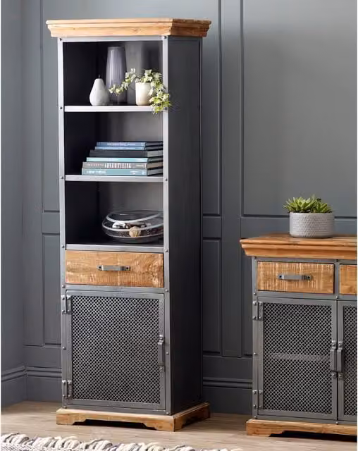 IH Design Industrial Wood and Metal Narrow Bookcase in Grey and White