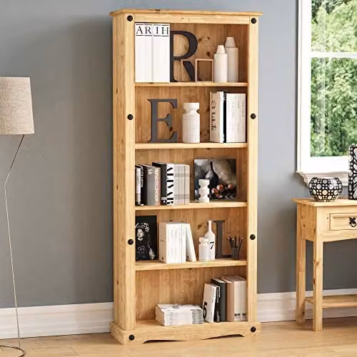 Vida Designs Corona Rustic Waxed Pine Tall Bookcase with Media Compartments in Brown and Black, W/D/H: 96.0 x 50.0 x 18.5 cm – 1