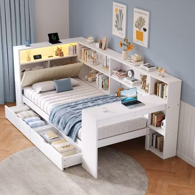 Merax White Single Corner Cabin Bed with Desk, LED Lighting, USB Charging Port and Drawers, W/D/H: 190 x 90 x 220 cm – 1