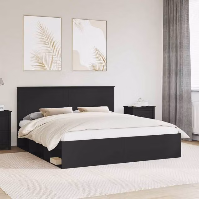 Berkfield Home Modern Bed Frame with Headboard in Black Solid Pine Wood, 200 x 200 cm