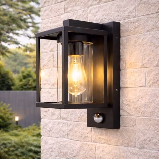 CGC Lighting Modern Black Rectangular Outdoor Wall Light with Motion Sensor and E27 Bulb Holder – 1