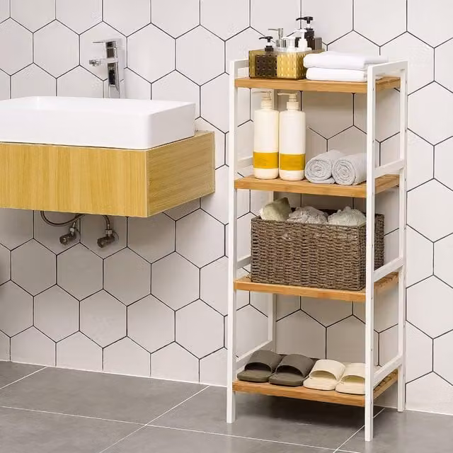 SONGMICS 4 Tier White Bamboo Storage Rack with Adjustable Shelves for Bathroom, Kitchen or Bedroom