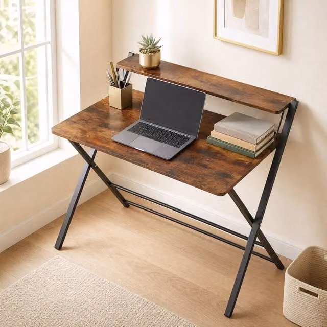 STILVORA Folding Desk with Shelf and Steel Frame, Rustic Brown – 1
