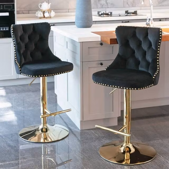 Modern Home Touch Set of 2 Luxury Velvet Adjustable Swivel Bar Stools with Gold Metal Base in Black – 1