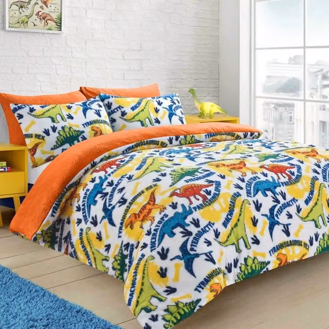 Velosso Dinosaur Teddy Warm and Cosy Duvet Cover and Pillowcase Set, Multicolour, Single (90 x 190 cm)